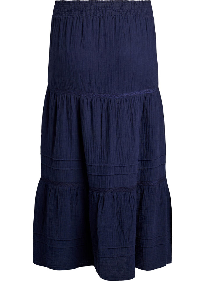 Midirock in A-Linie aus Baumwoll-Musselin mit H&auml;kelborte, Blau, Packshot image number 1