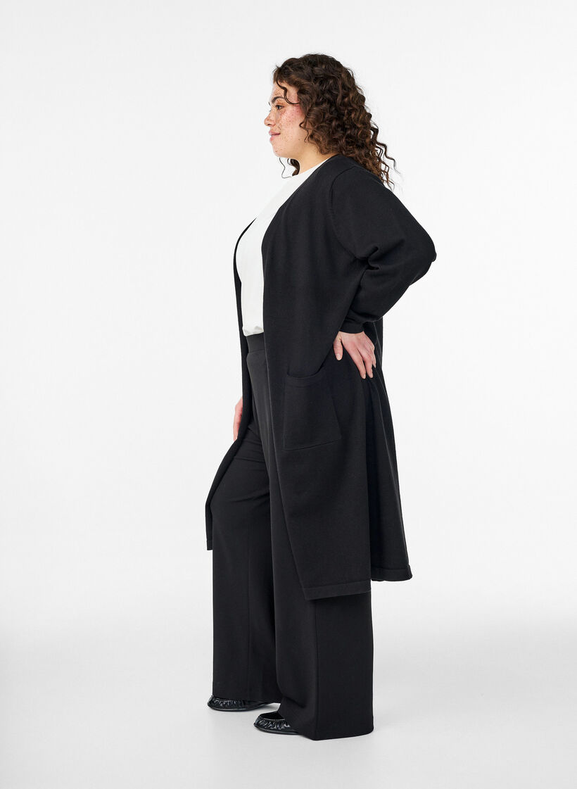 Lange, offene Strickjacke mit Taschen, Schwarz, Model image number 2