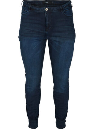 Super Slim Amy Jeans mit hoher Taille, Dark blue denim, Packshot image number 0