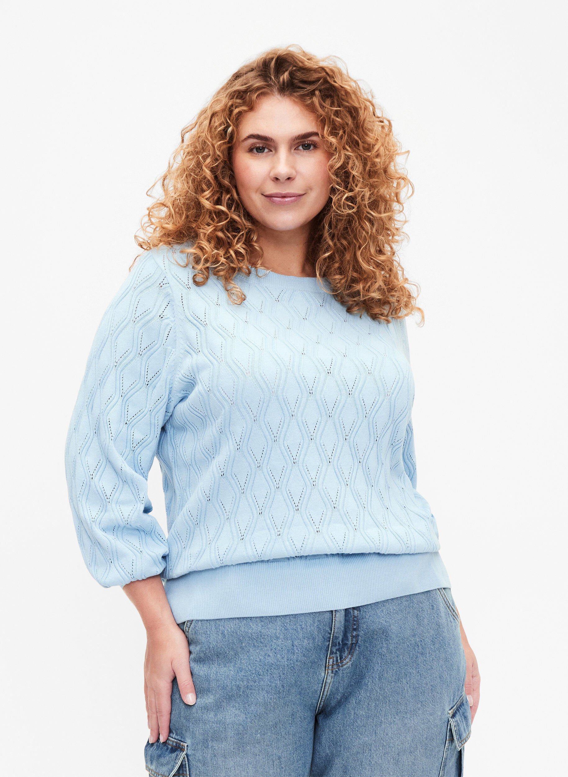 Zizzi Pullover mit Lochmuster und U-Boot-Ausschnitt	, Blue Bell, Model image number 0
