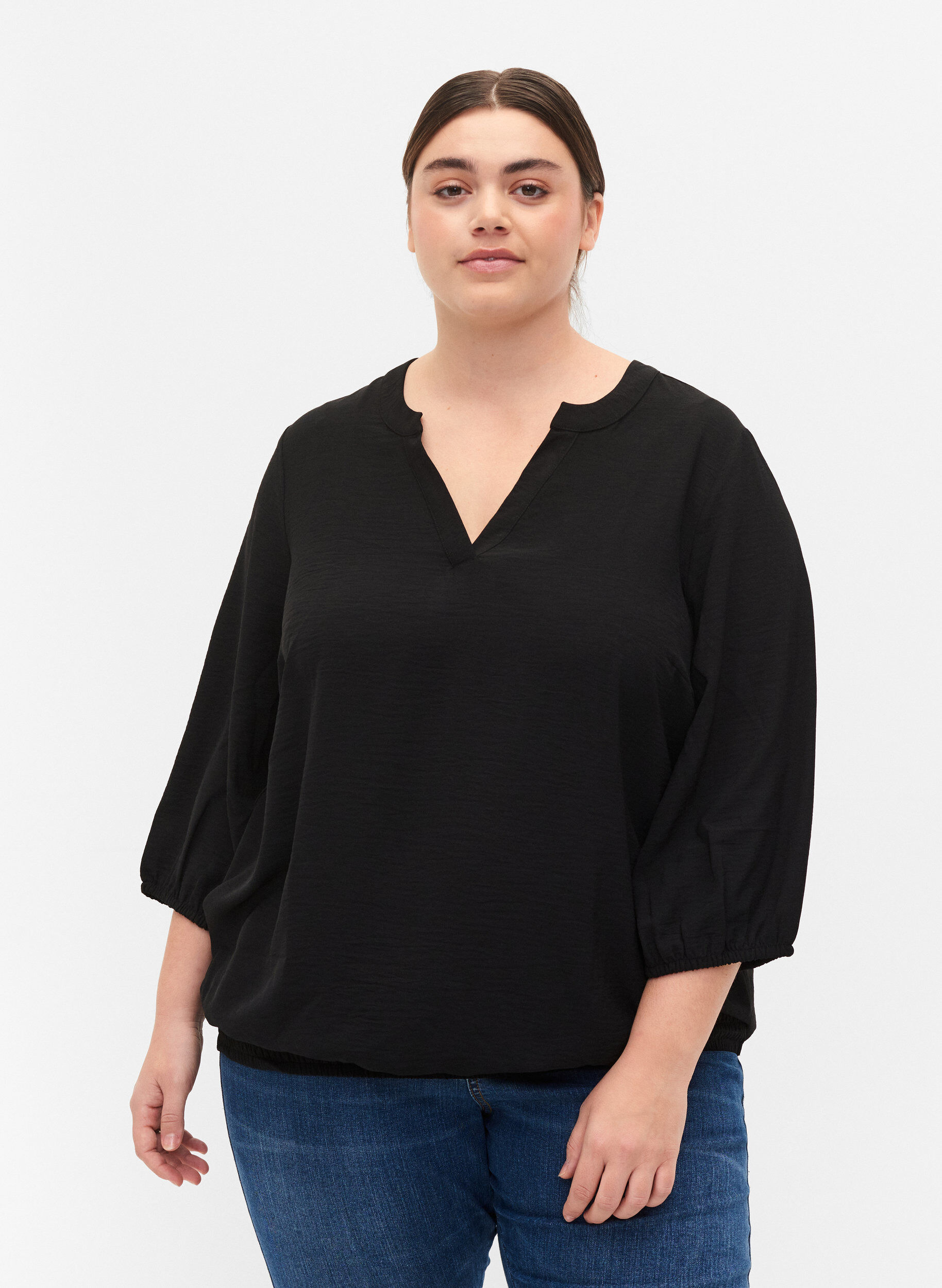 Zizzi Bluse mit Smok und 3/4-&Auml;rmeln, Black, Model image number 0