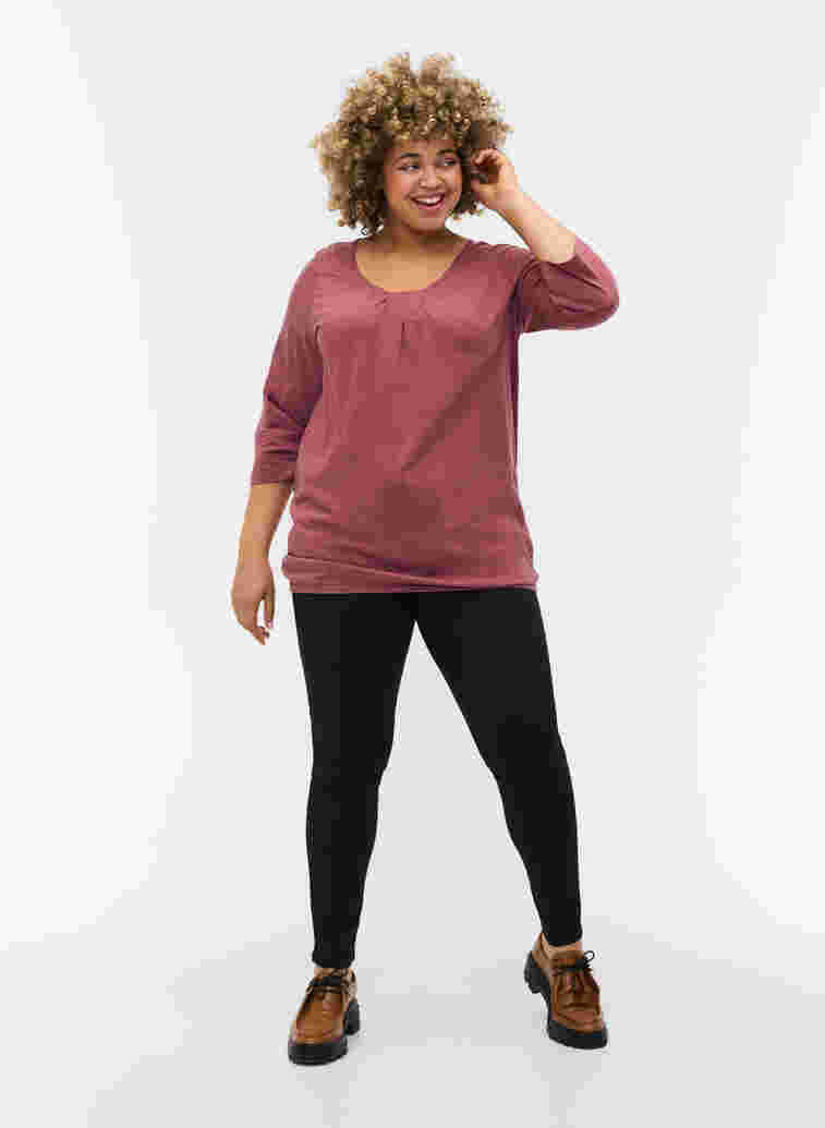 Einfarbige Bluse mit 3/4-Ärmel aus Baumwolle, Rose Brown, Model image number 2