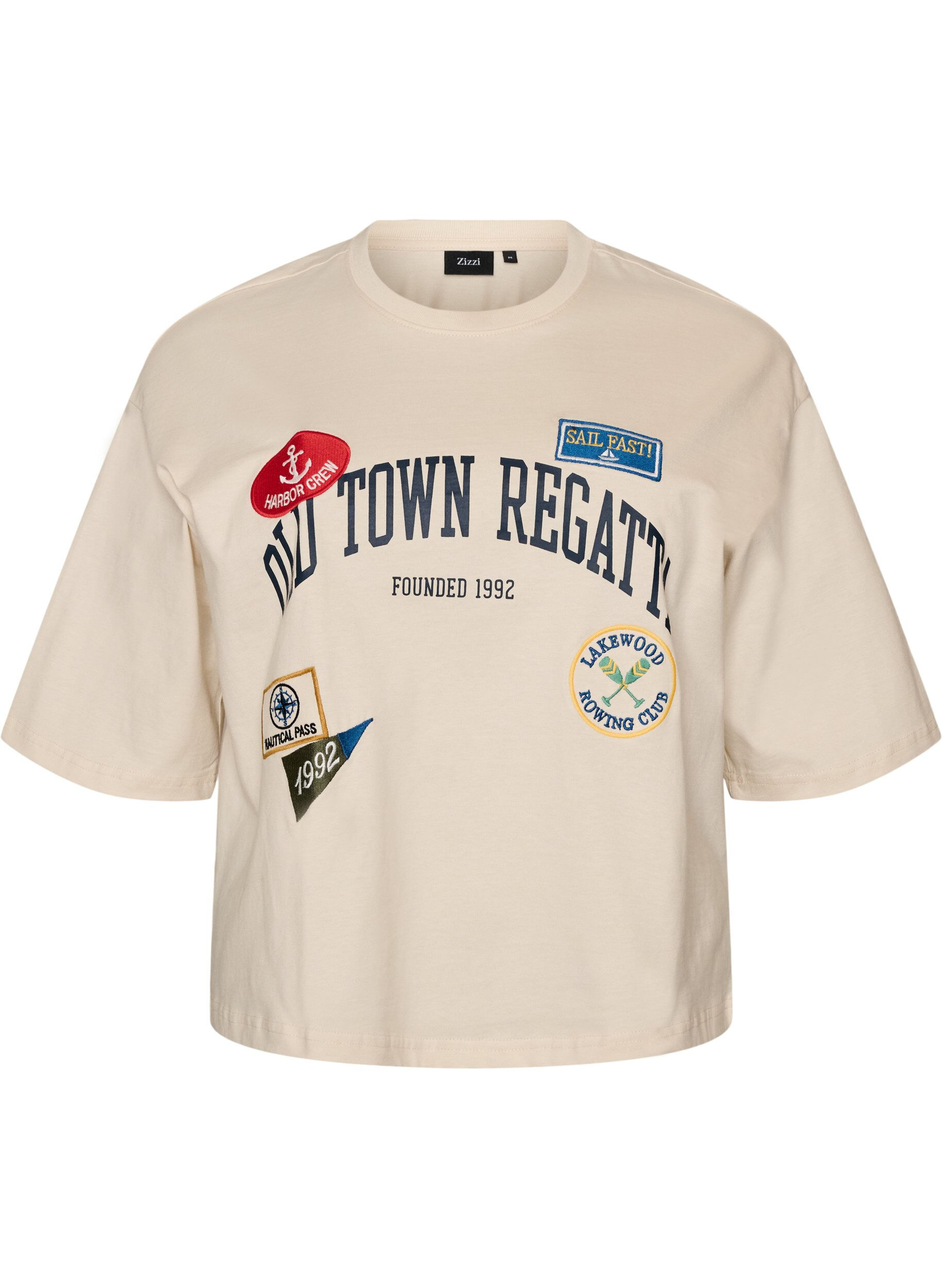 ZizziT-Shirt mit Textaufdruck und Badges, Beige, Packshot image number 0