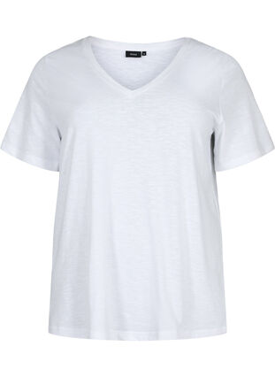 Kurzärmliges Basic-T-Shirt mit V-Ausschnitt, Bright White, Packshot image number 0
