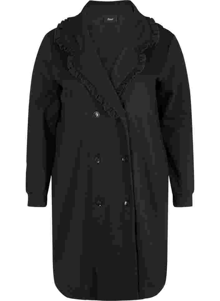 Lange Jacke mit breitem Kragen und Rüschendetails, Black, Packshot image number 0