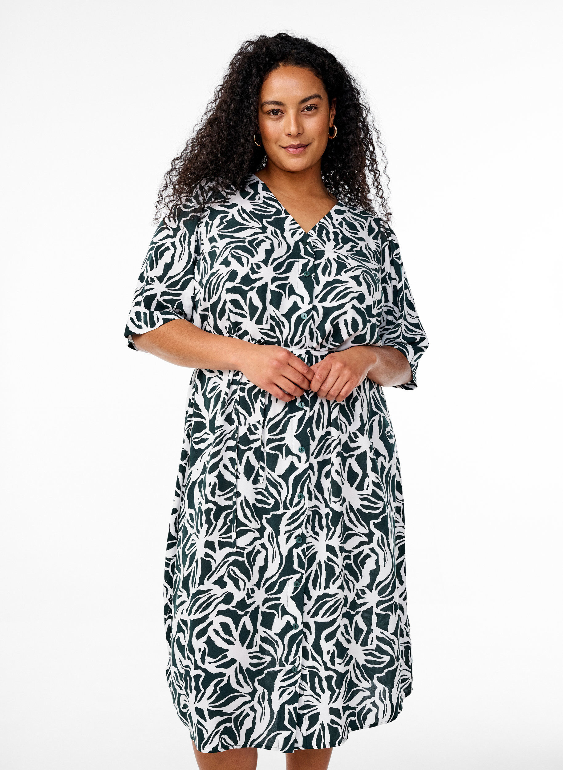 Zizzi Midikleid mit Print und Bindeg&uuml;rtel, Gr&uuml;n, Model image number 0