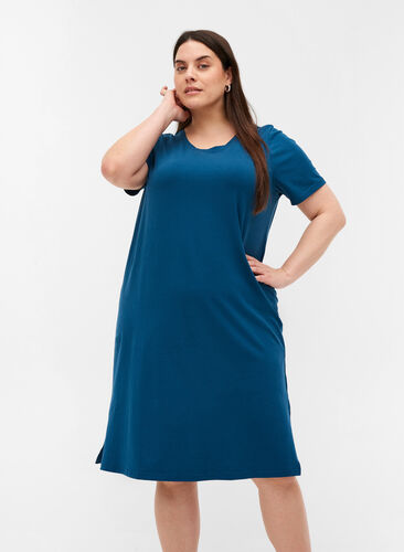 Kurzarm Kleid aus Baumwolle mit Schlitz, Majolica Blue, Model image number 0