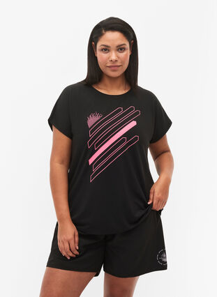 Trainingsshirt mit kurzen Ärmeln und Print, Black/Pink Print, Model image number 0