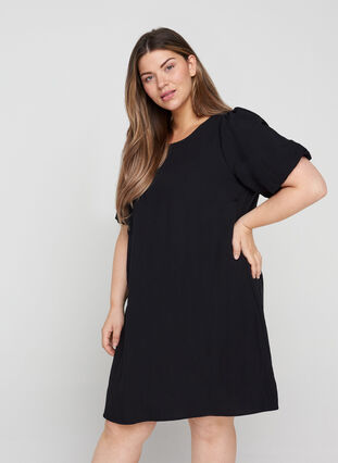 Kurzarm Kleid aus Viskose mit A-Linie, Black, Model image number 0