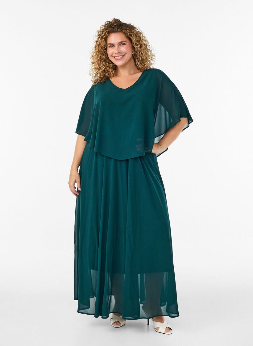 Kurz&auml;rmeliges Maxikleid in A-Linie, Gr&uuml;n, Model image number 0