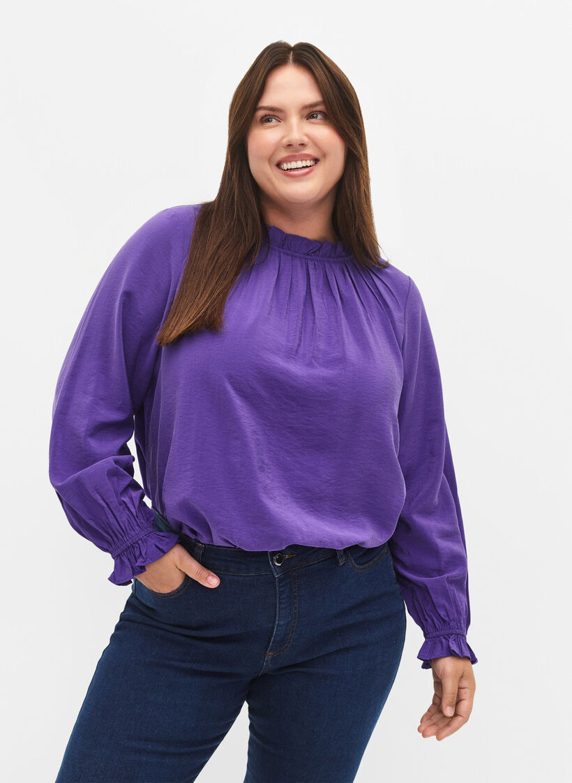 Langärmelige Viskosebluse mit Rüschen, Prism Violet, Model image number 0