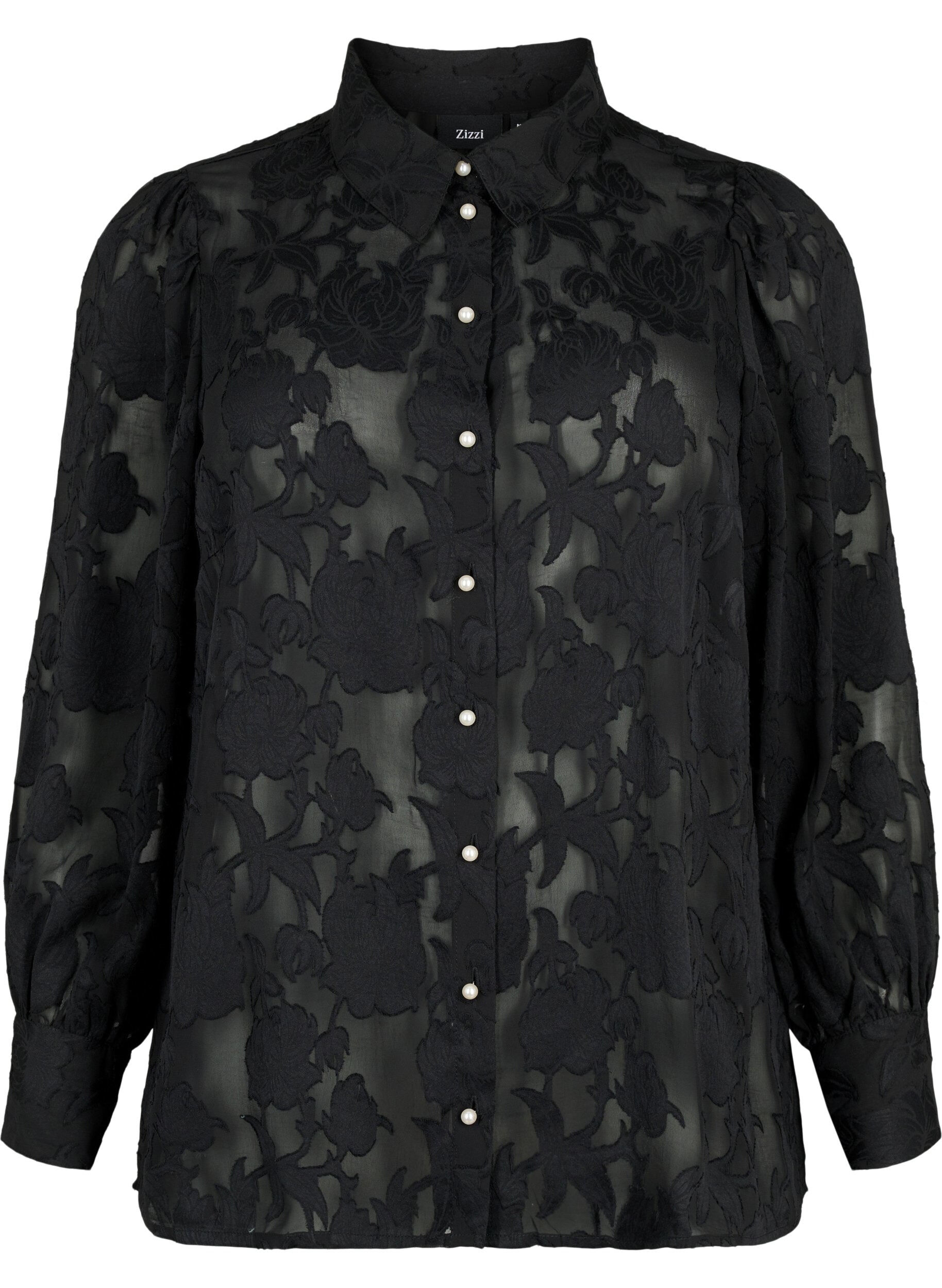 Zizzi Jacquard-Bluse mit Perlenkn&ouml;pfen, Black, Packshot image number 0