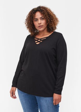 Einfarbige Bluse mit langen Ärmel, Black, Model image number 0