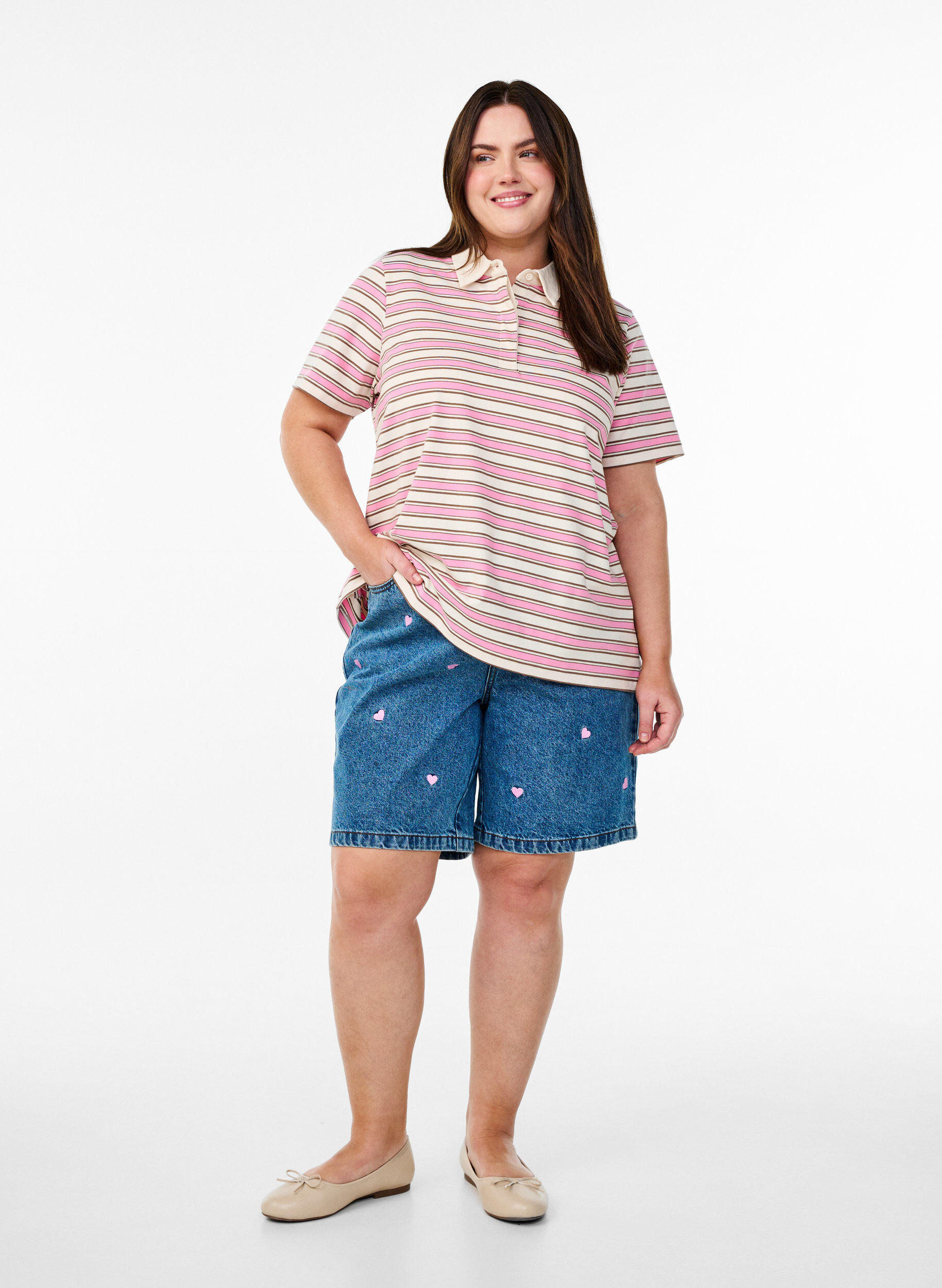 Zizzi Poloshirt mit Streifen und kurzen &Auml;rmeln, Pink, Model image number 1