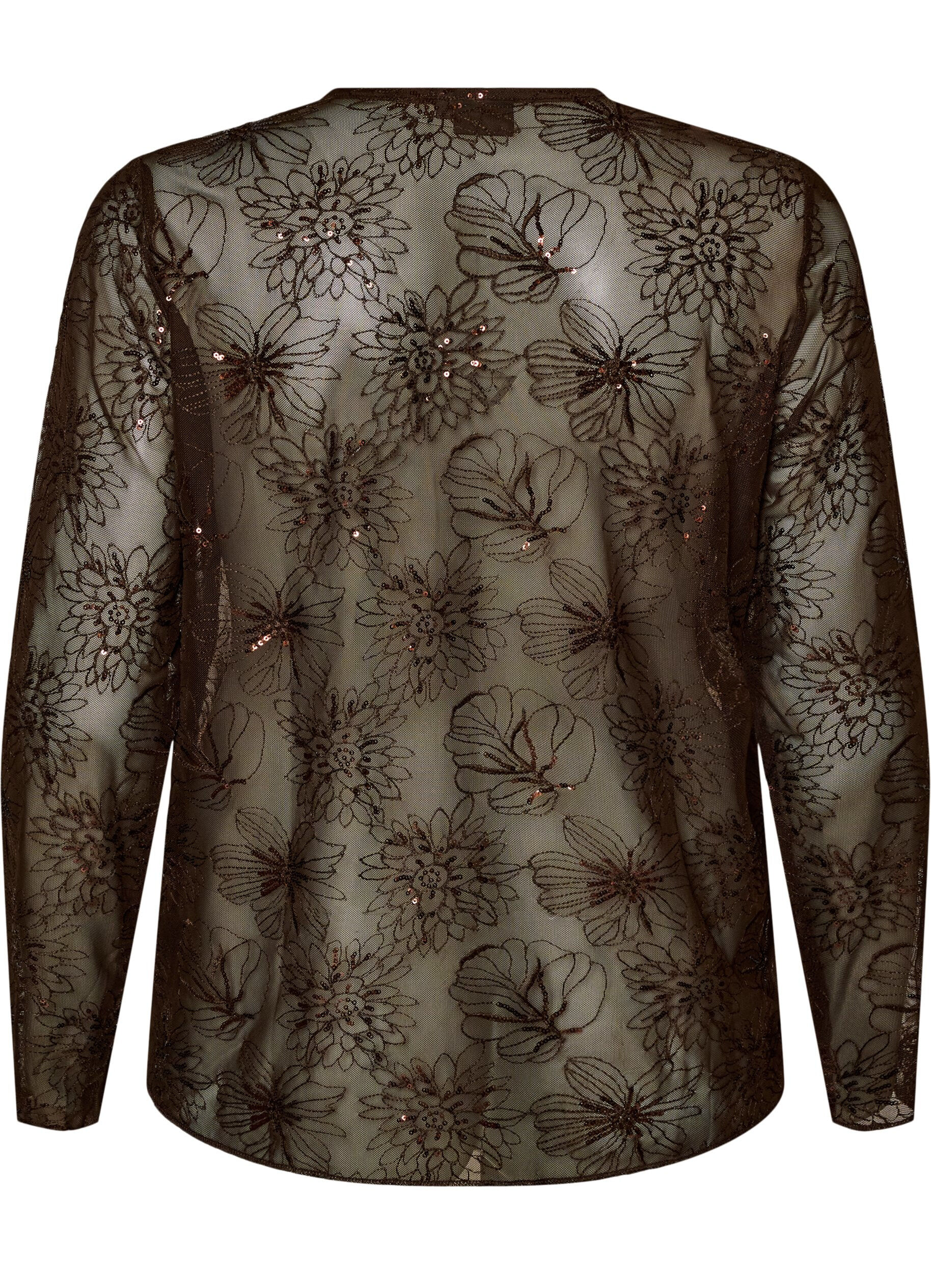 ZizziBluse aus Mesh mit Blumen und Pailletten, Braun, Packshot image number 1