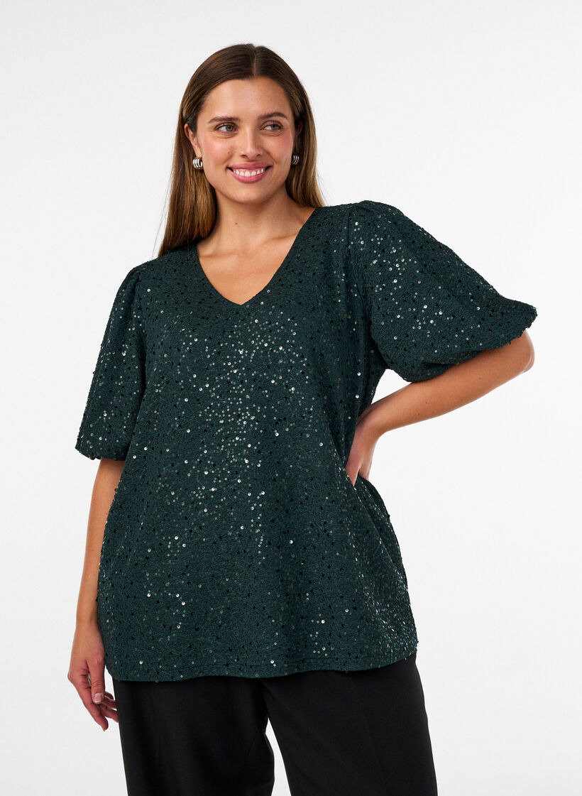 Paillettenbluse mit Ballon&auml;rmeln, Gr&uuml;n, Model image number 0