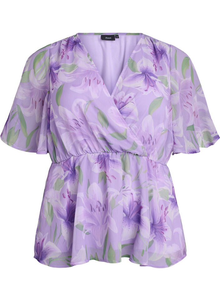 Gebl&uuml;mte Chiffonbluse mit kurzen &Auml;rmeln, lila, Packshot image number 0