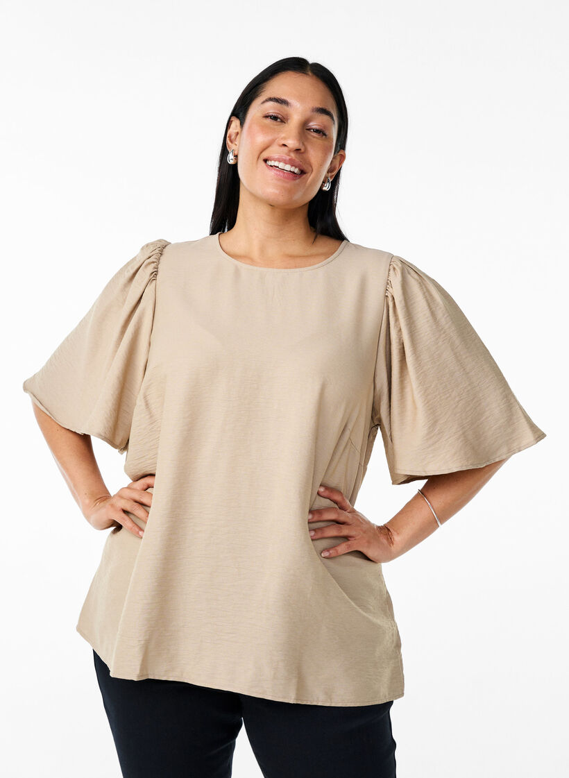 Bluse mit kurzen, weiten Ärmeln, Beige, Model image number 0