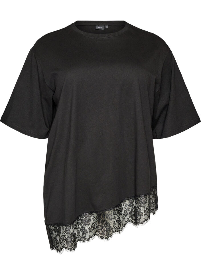 T-Shirt mit asymmetrischem Spitzensaum, Schwarz, Packshot image number 0