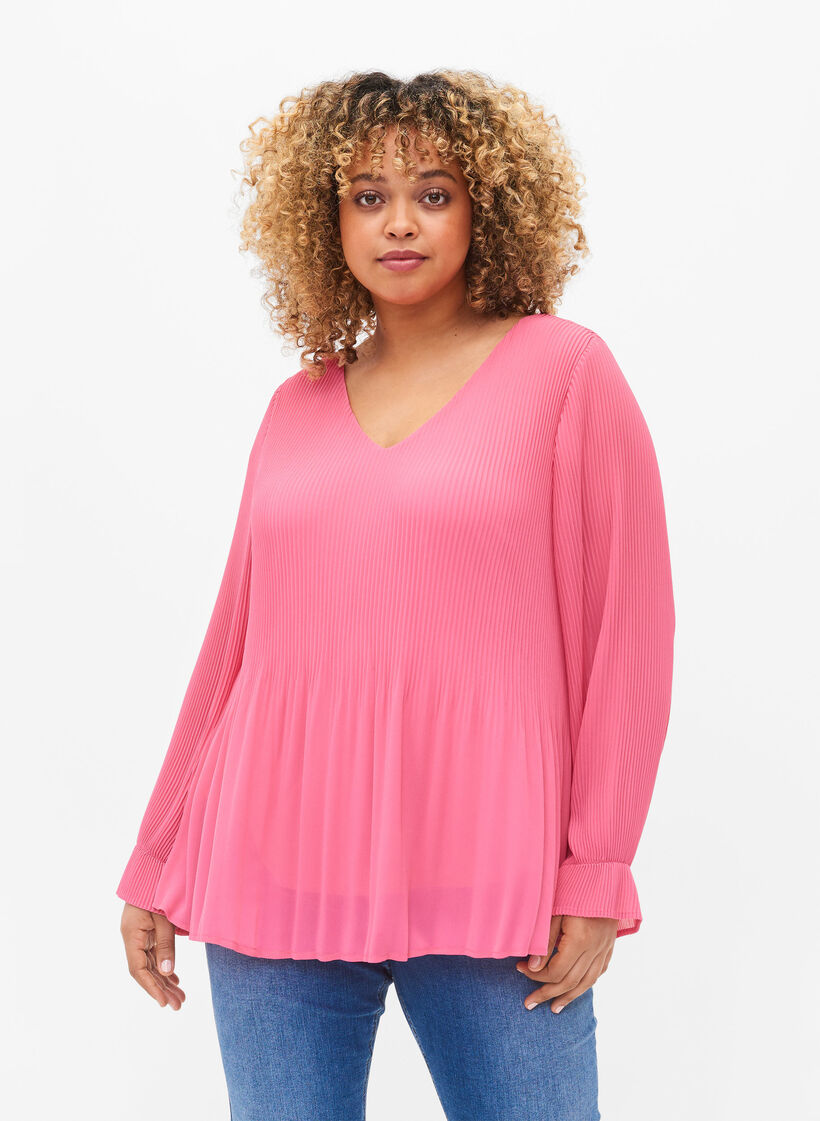 Plissee Bluse mit V-Ausschnitt, Hot Pink, Model image number 0