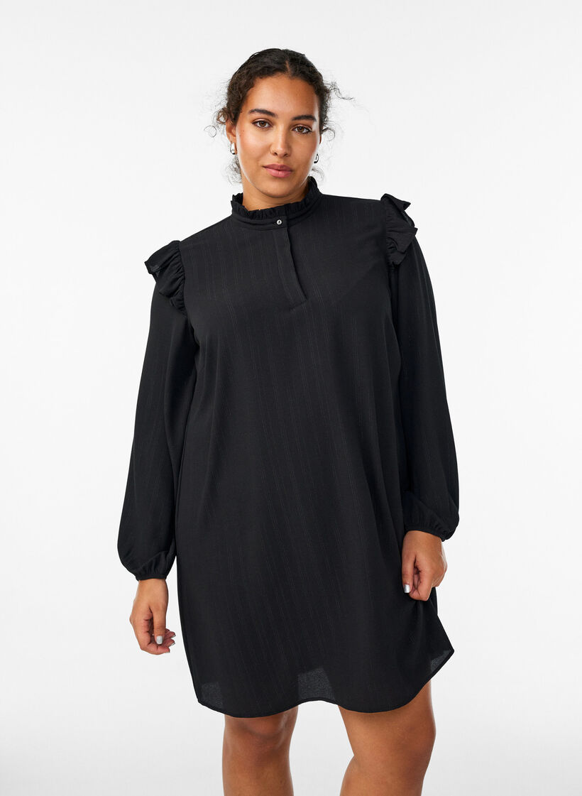 Kurzes Kleid mit R&uuml;schen und Glitzer , Schwarz, Model image number 0