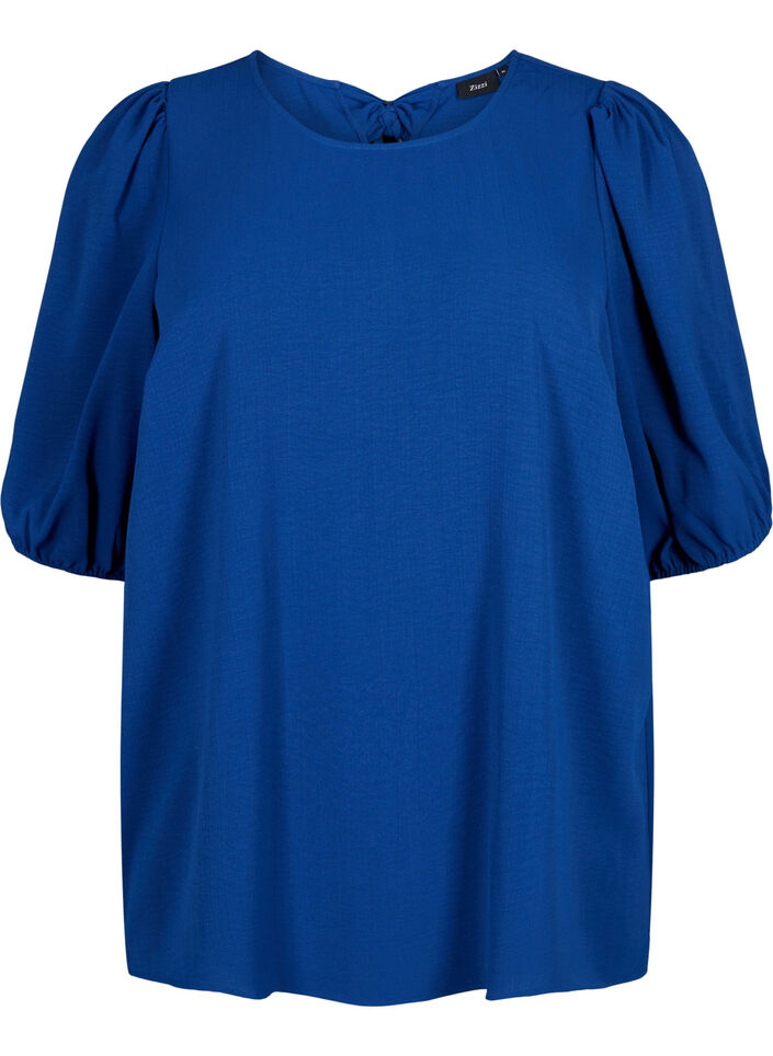 Bluse mit kurzem Arm und Schleife hinten, Estate Blue, Packshot image number 0
