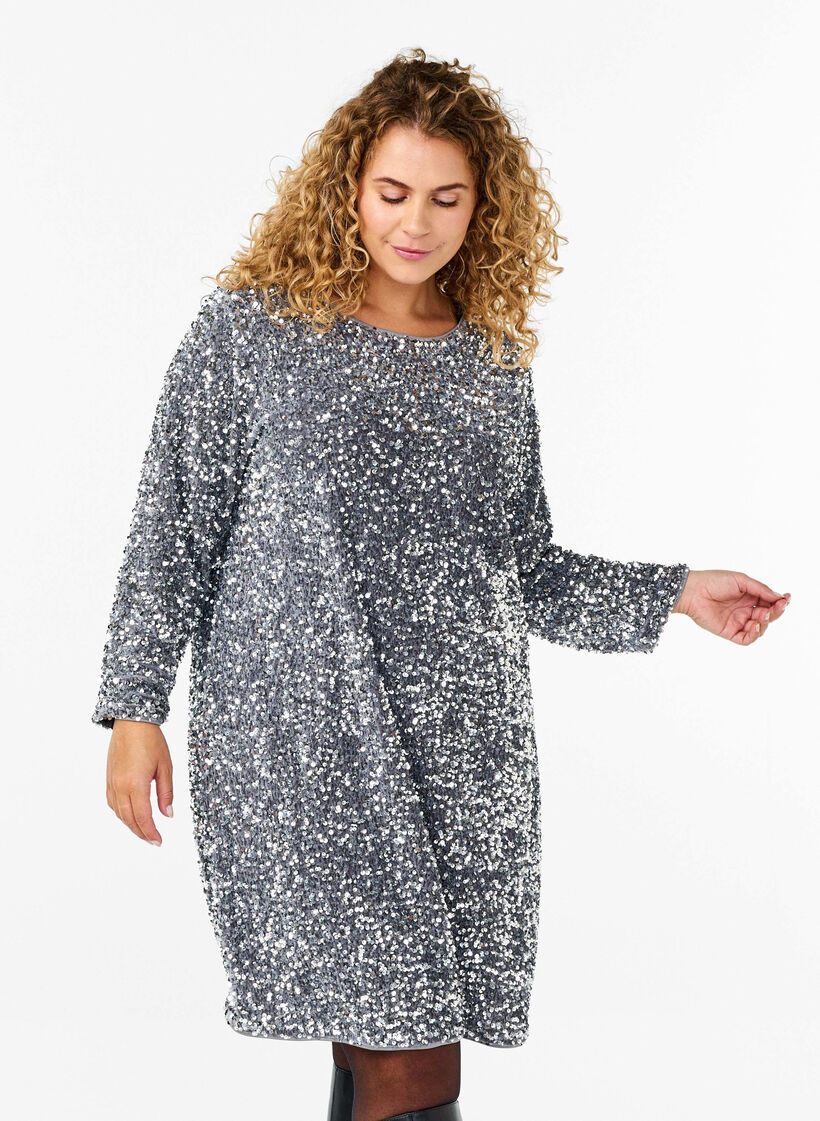 Pailettenkleid mit Schleifendetail, Silver, Model image number 0