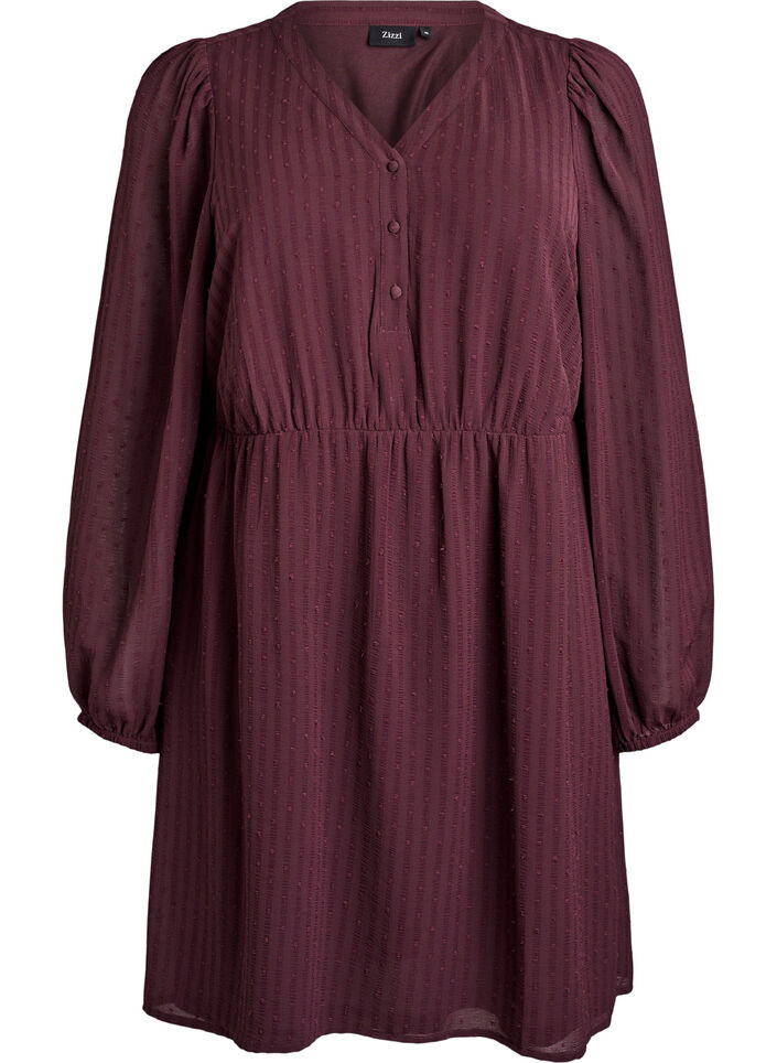 Kurzes Kleid mit Ton-in-Ton-Streifen und texturierten Punkten, Dunkles Bordeaux, Packshot image number 0
