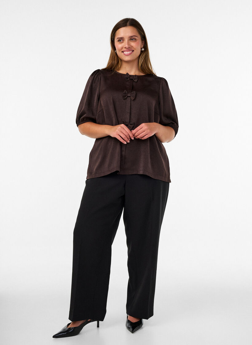 Bluse aus Satin mit Schleifen und ellbogenlangen &Auml;rmeln, Braun, Model image number 1