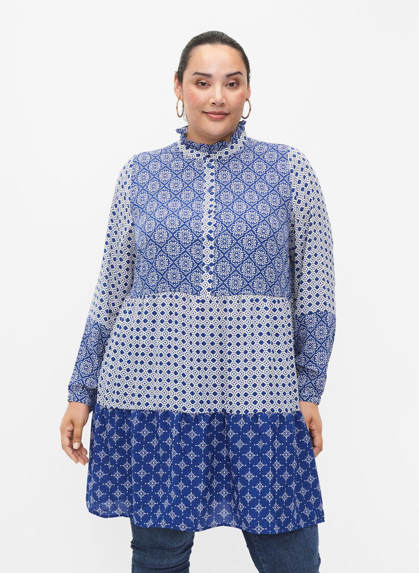A-förmiges Kleid mit Mustern und Schnittlinien, Blue AOP, Model image number 0