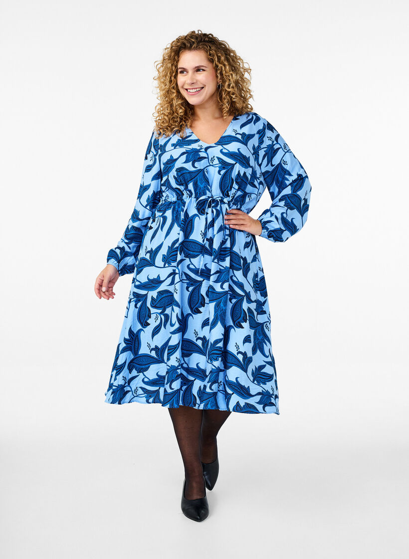 Langarmkleid mit Paisleymuster und Bindegürtel, Blau, Model image number 0