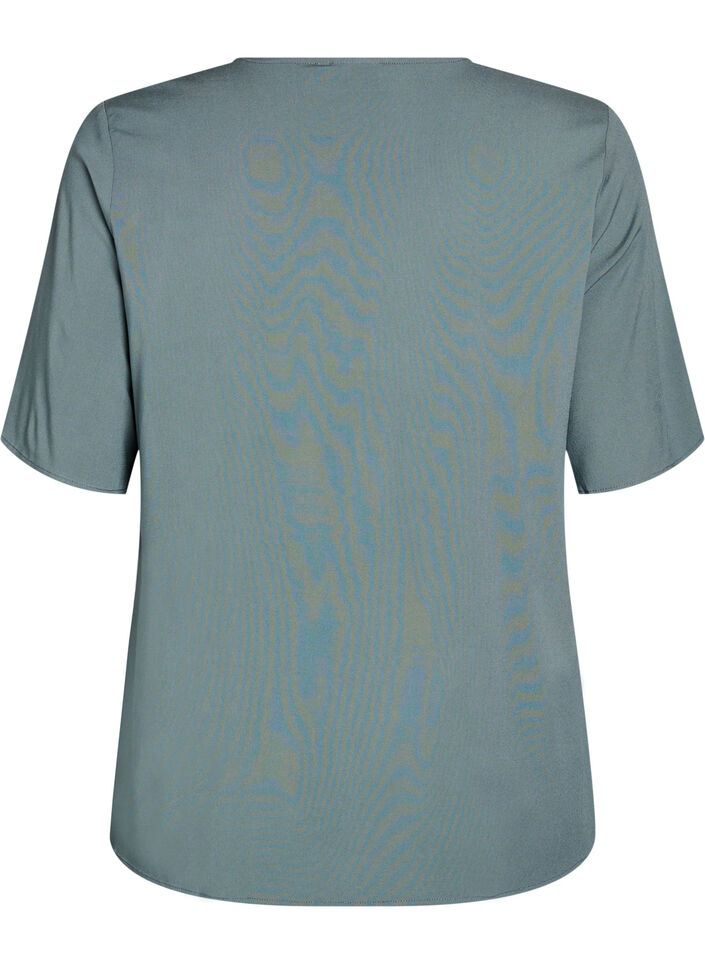 Kurz&auml;rmelige, gewebte Bluse mit Rundhals, Gr&uuml;n, Packshot image number 1