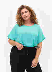 Bluse mit kurzen Ärmeln und Rundhalsausschnitt, Turquoise, Model