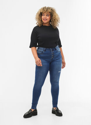 High Waist Amy-Jeans mit Knöpfen, Blue denim, Model image number 0
