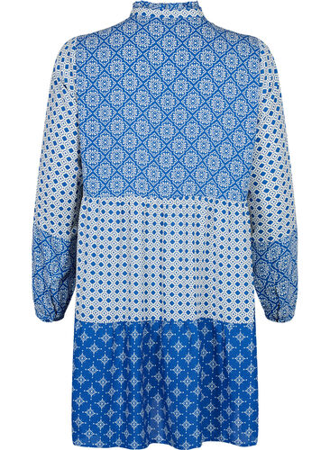 A-förmiges Kleid mit Mustern und Schnittlinien, Blue AOP, Packshot image number 1