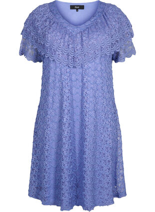 Kurzärmeliges Kleid aus Spitze mit breiten Rüschen, Lavender Violet, Packshot image number 0