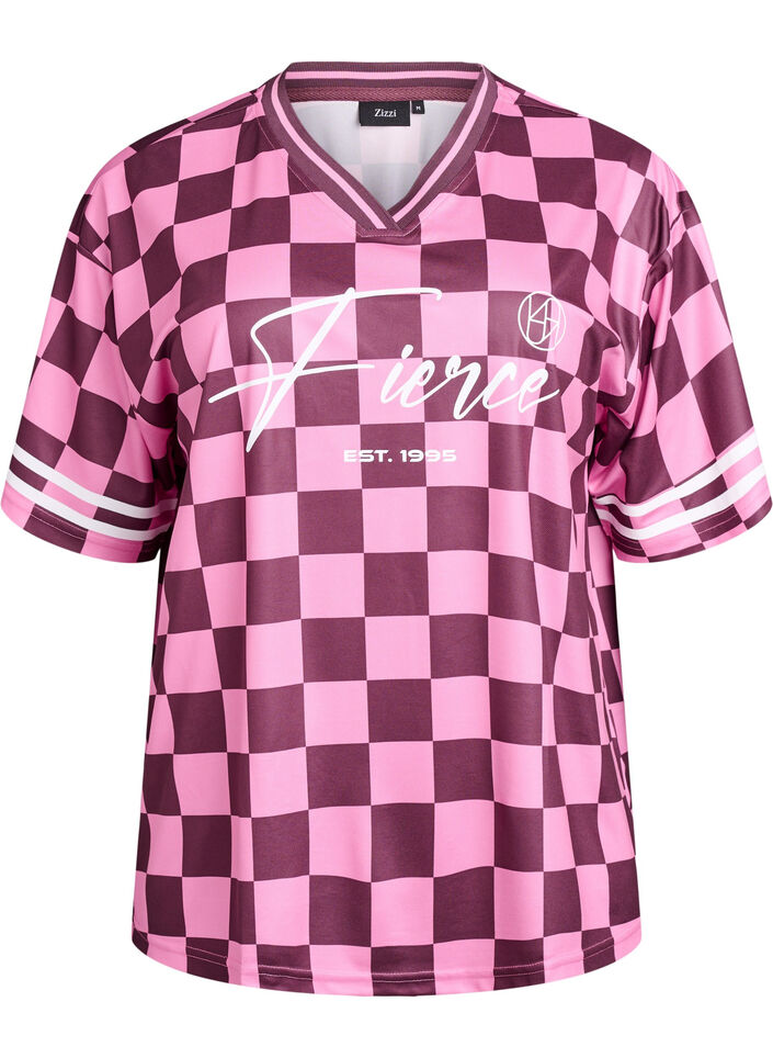 Sportliches T-Shirt mit Karomuster und Textaufdruck, Rot, Packshot image number 0