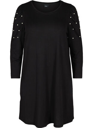 Kleid mit langen Puffärmeln und Perlen, Black, Packshot image number 0