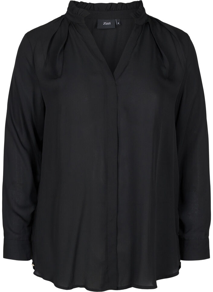 Langarmhemd mit Rüschenkragen, Black, Packshot image number 0