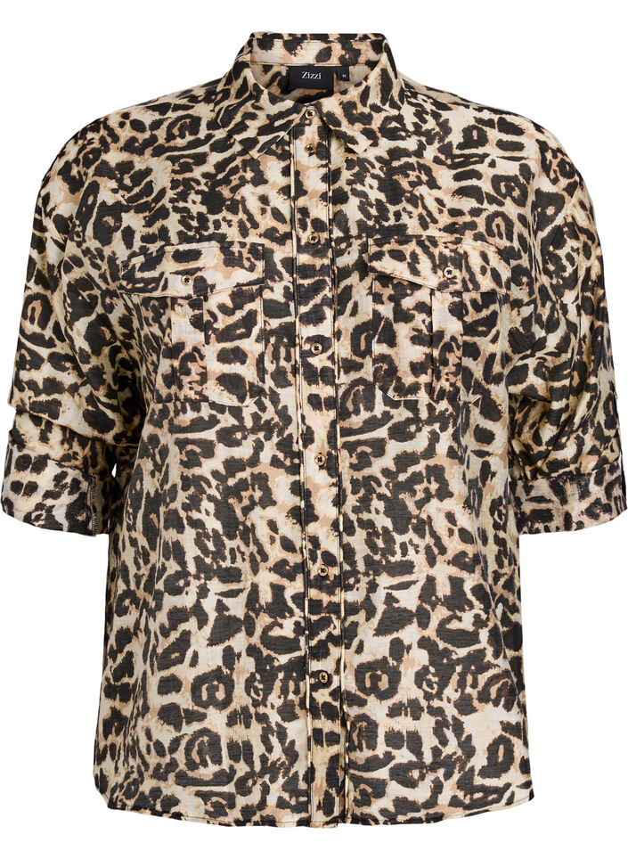 Locker sitzendes Shirt mit Tierprint und Brusttaschen, Braun, Packshot image number 0