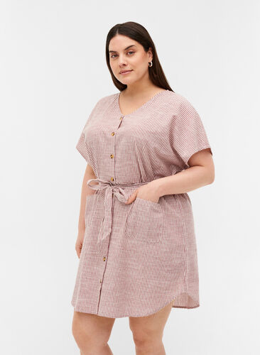 Gestreiftes Hemdkleid aus Baumwolle mit Taschen, Dry Rose Stripe, Model image number 0