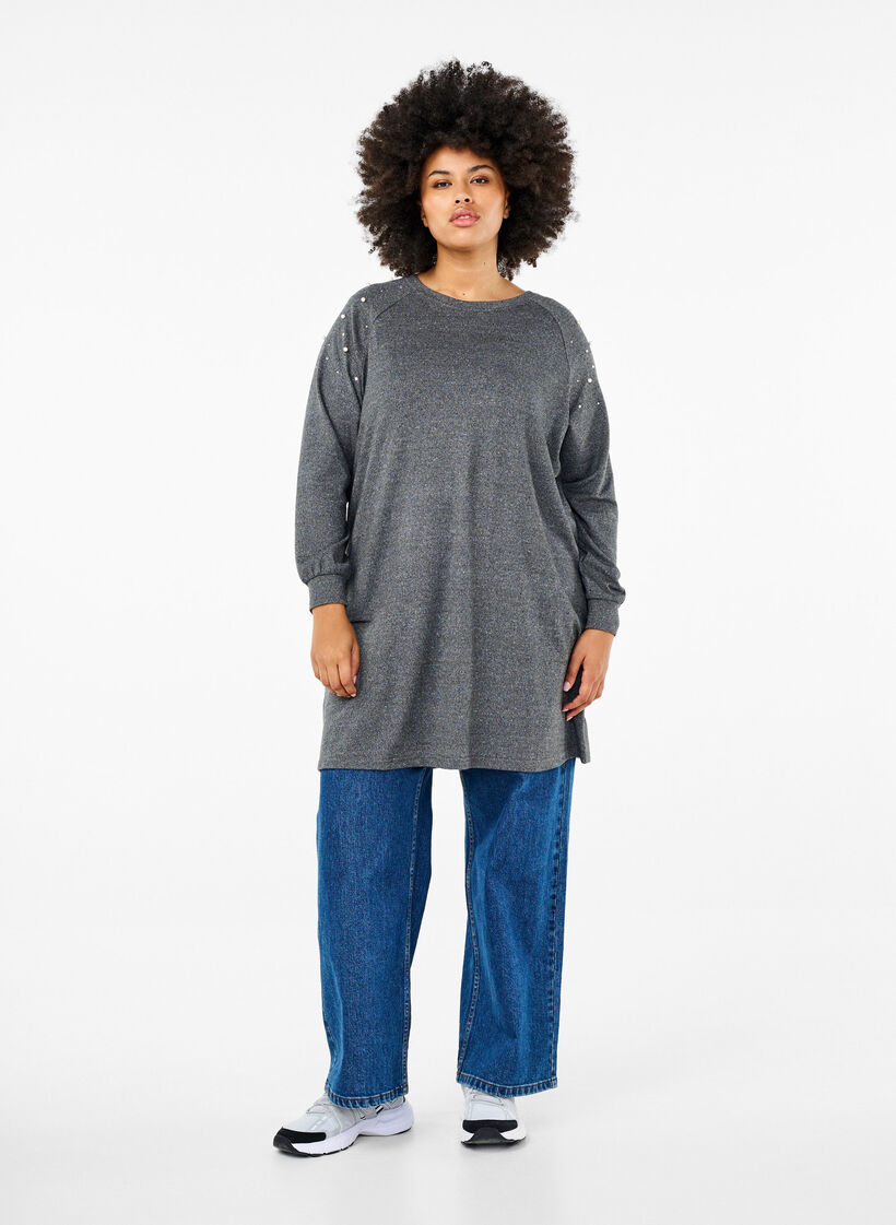 Langärmliges Kleid mit Perlen, Grau, Model image number 1