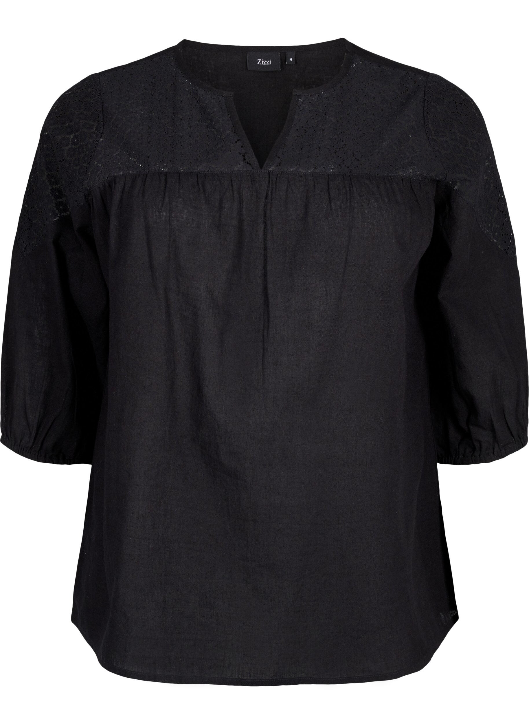 Zizzi Bluse aus Baumwollmischung mit Leinen und H&auml;keldetails, Black, Packshot image number 0