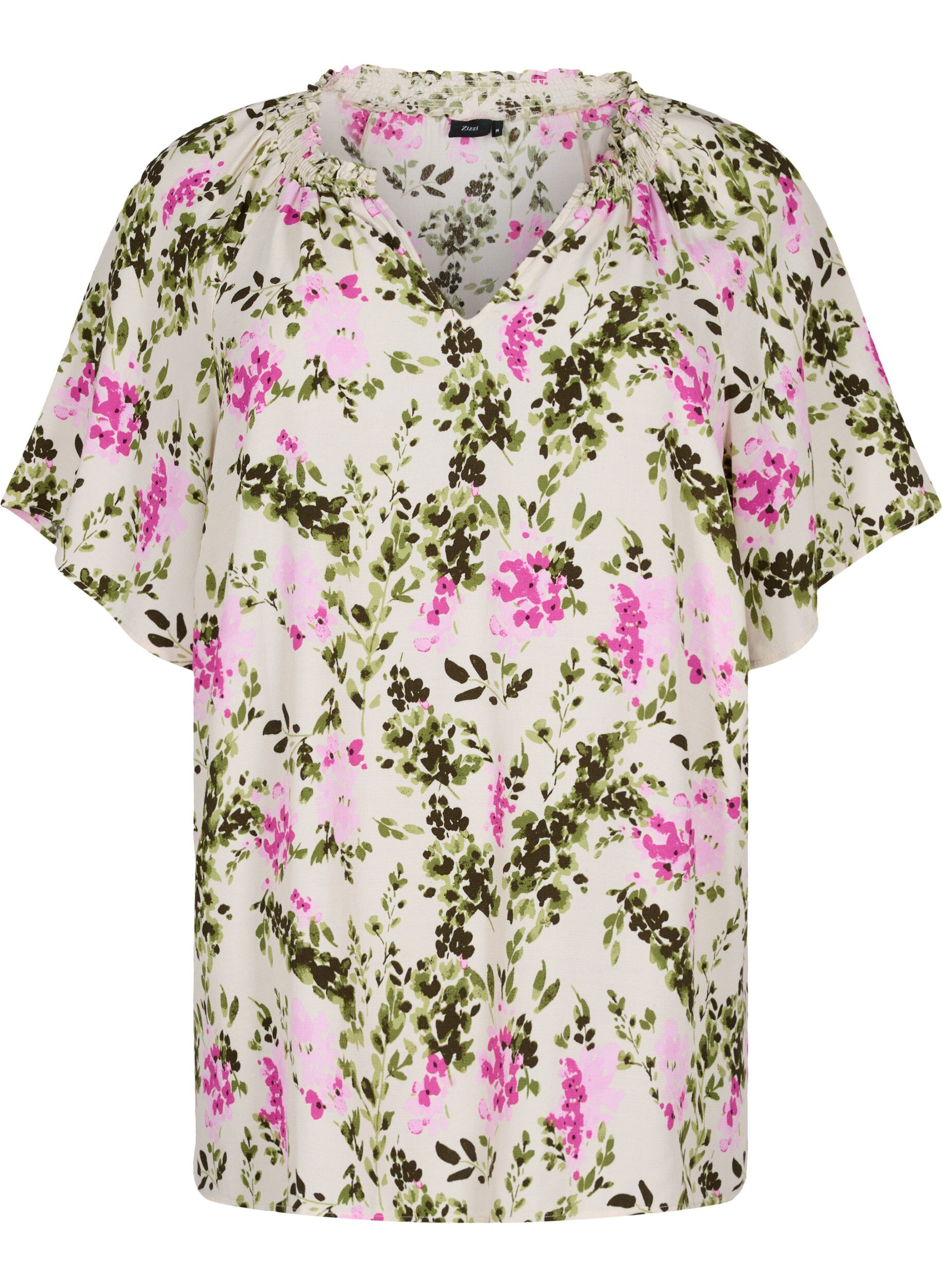 Zizzi Viskosebluse mit kurzen &Auml;rmeln, Green Pink AOP, Packshot image number 0
