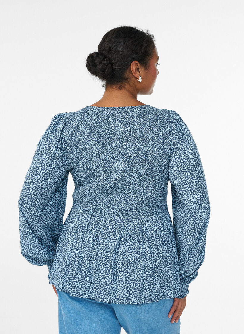 Bluse mit gesmoktem Oberteil und geblümtem Print, Blau, Model image number 2