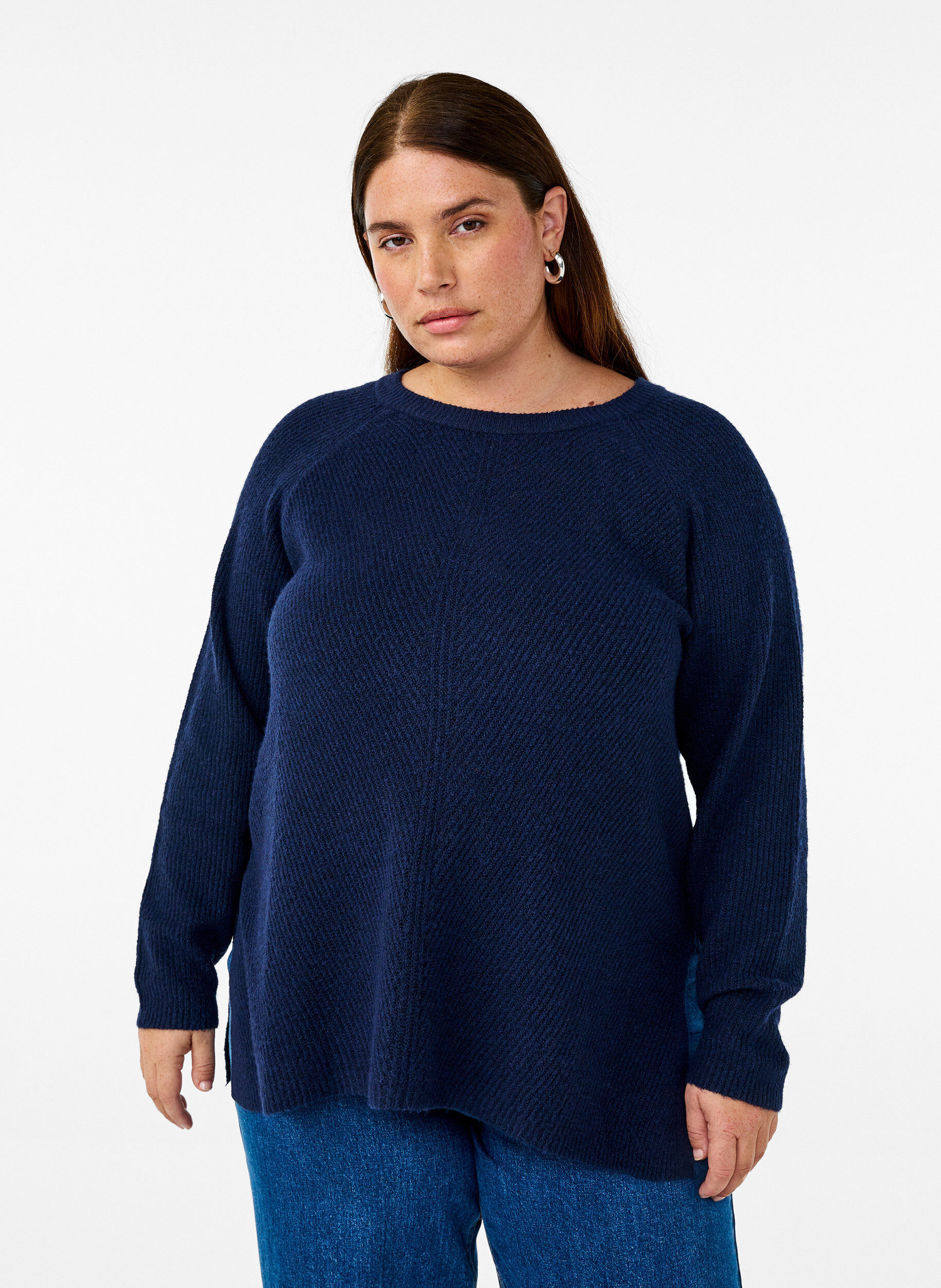 Zizzi Strickbluse mit Rundhalsausschnitt, Naval Academy Mel., Model image number 0