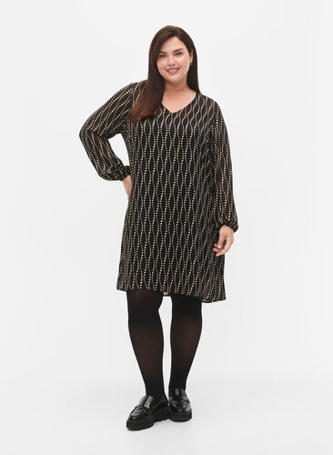 Langärmliges Kleid mit V-Ausschnitt und Druck, Black Weaves AOP, Model image number 2