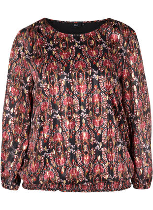 Bedruckte Bluse mit langen Ärmeln und Raffung, Black Oriental, Packshot image number 0