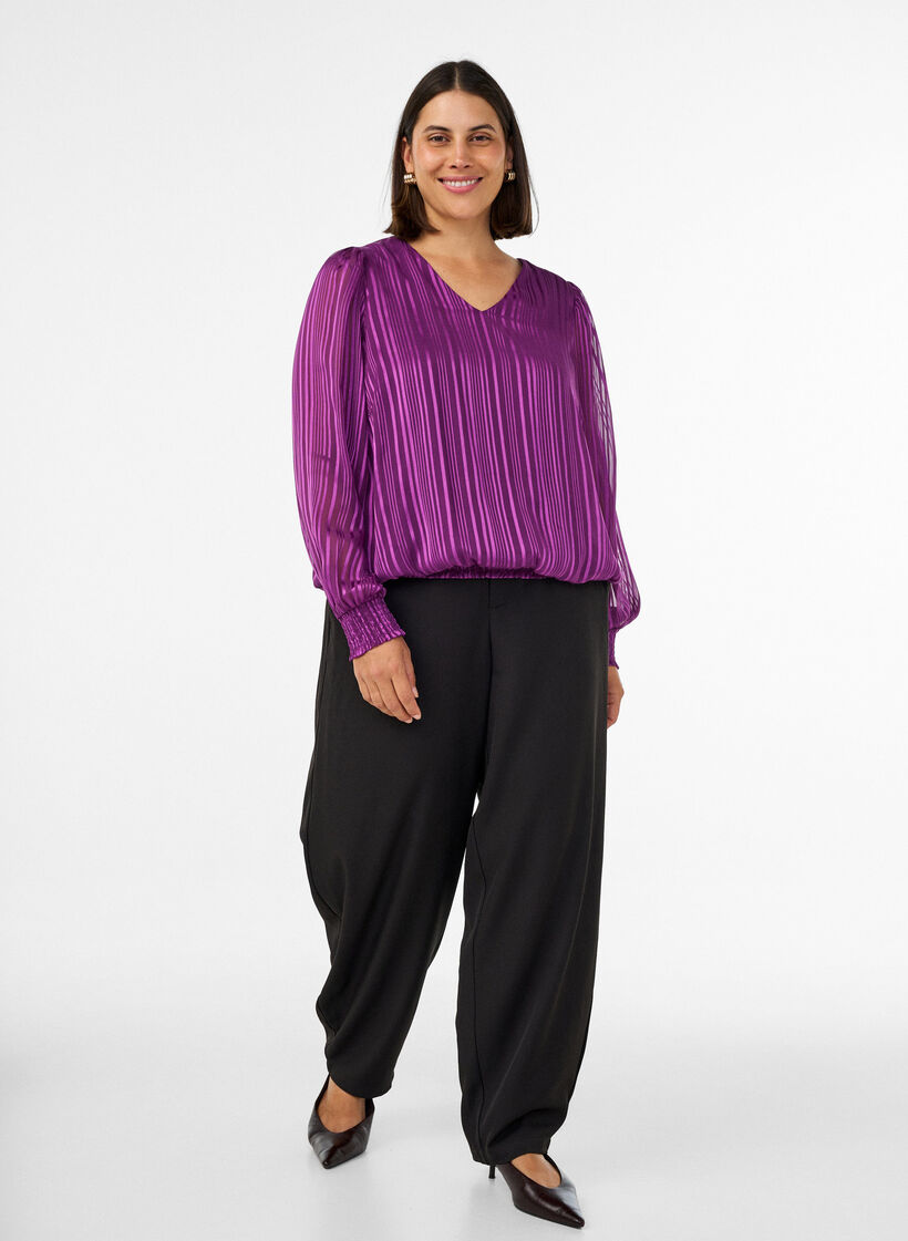 Gestreifte Bluse in Ballonform, Lila, Model image number 1