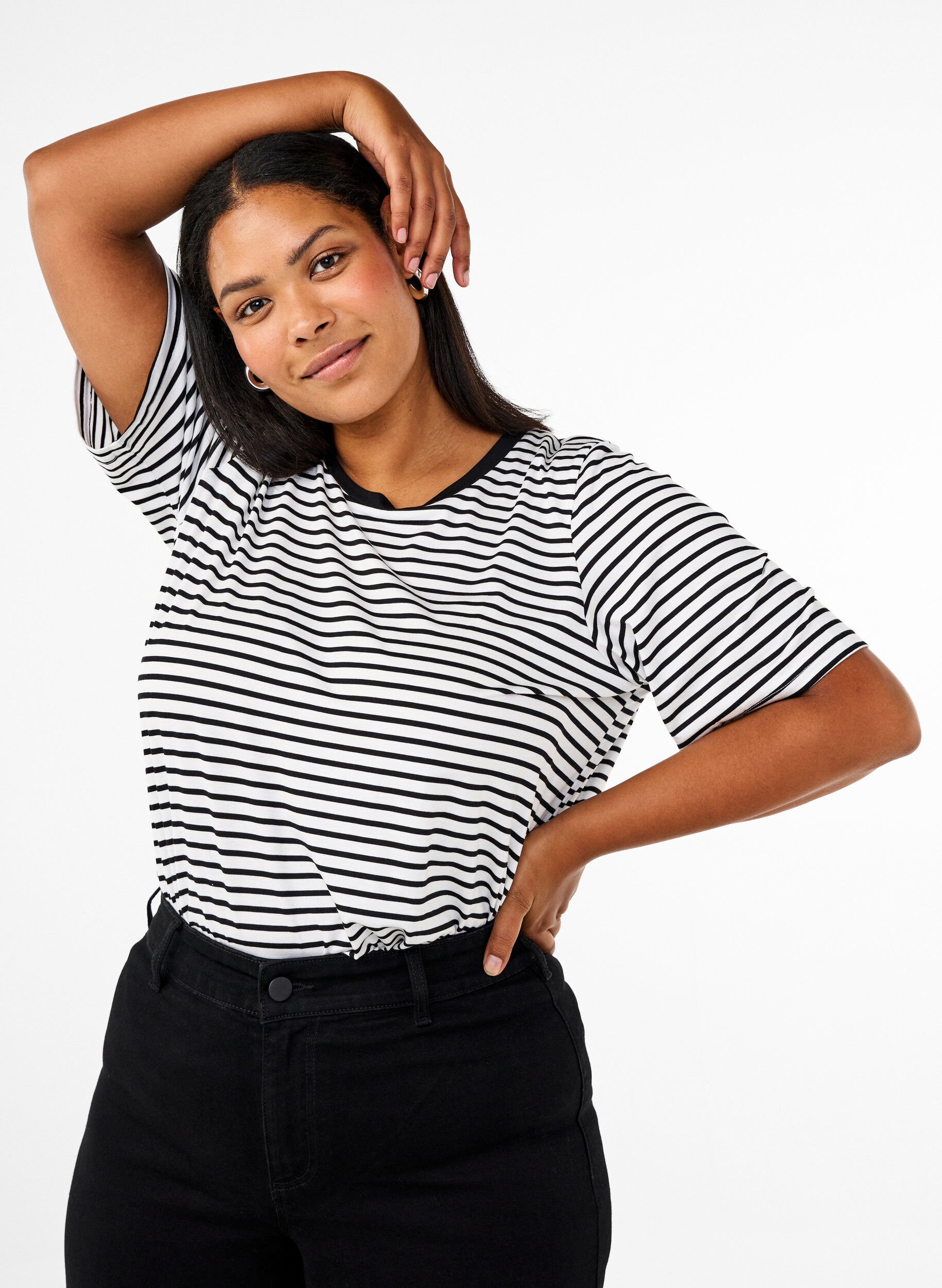 ZizziGestreiftes T-Shirt aus TENCEL&trade; Lyocell, Wei&szlig;, Model image number 0